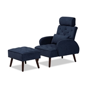 Baxton Studio Haldis Modern and Contemporary Navy Blue velvet Fabric Upholstered and Walnut Brown Finished Wood 2-Piece Recliner Chair and Ottoman Set Baxton Studio restaurant furniture, hotel furniture, commercial furniture, wholesale living room furniture, wholesale chair and ottoman, classic chair and ottoman